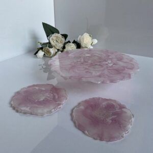 Epoxy coasters and cake plate Pink roses